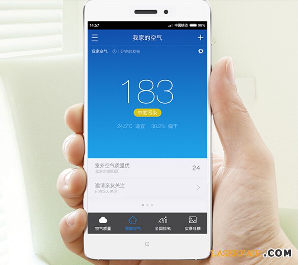 近來,360也推出了自己的空氣檢測設備,通過激光的方式檢測PM2.5顆粒。據(jù)悉極光可分辨比PM2.5小8倍的微小粒子,幫你看見霧霾,而普通凈化器所用的紅外光傳感器只能分辨比PM2.5大4倍以上的沙塵(PM10)。而這款設備采用激光器、300納米精度,獨有顆粒技術算法和標定工藝,將萬元工業(yè)檢測設備的原理專為民用。