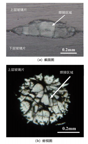 圖 6. 微分干涉差顯微鏡下的焊接區(qū)域微觀形貌（基片預(yù)熱溫度 293K，脈沖寬度 7.5ms，光束能量為 2.3J/ 脈沖）。
