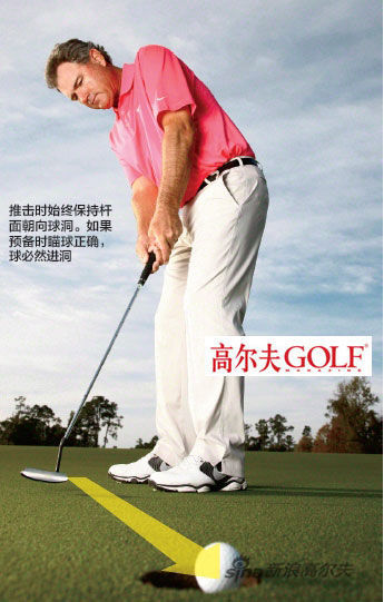 推擊時始終保持桿 面朝向球洞。如果 預備時瞄球正確， 球必然進洞
